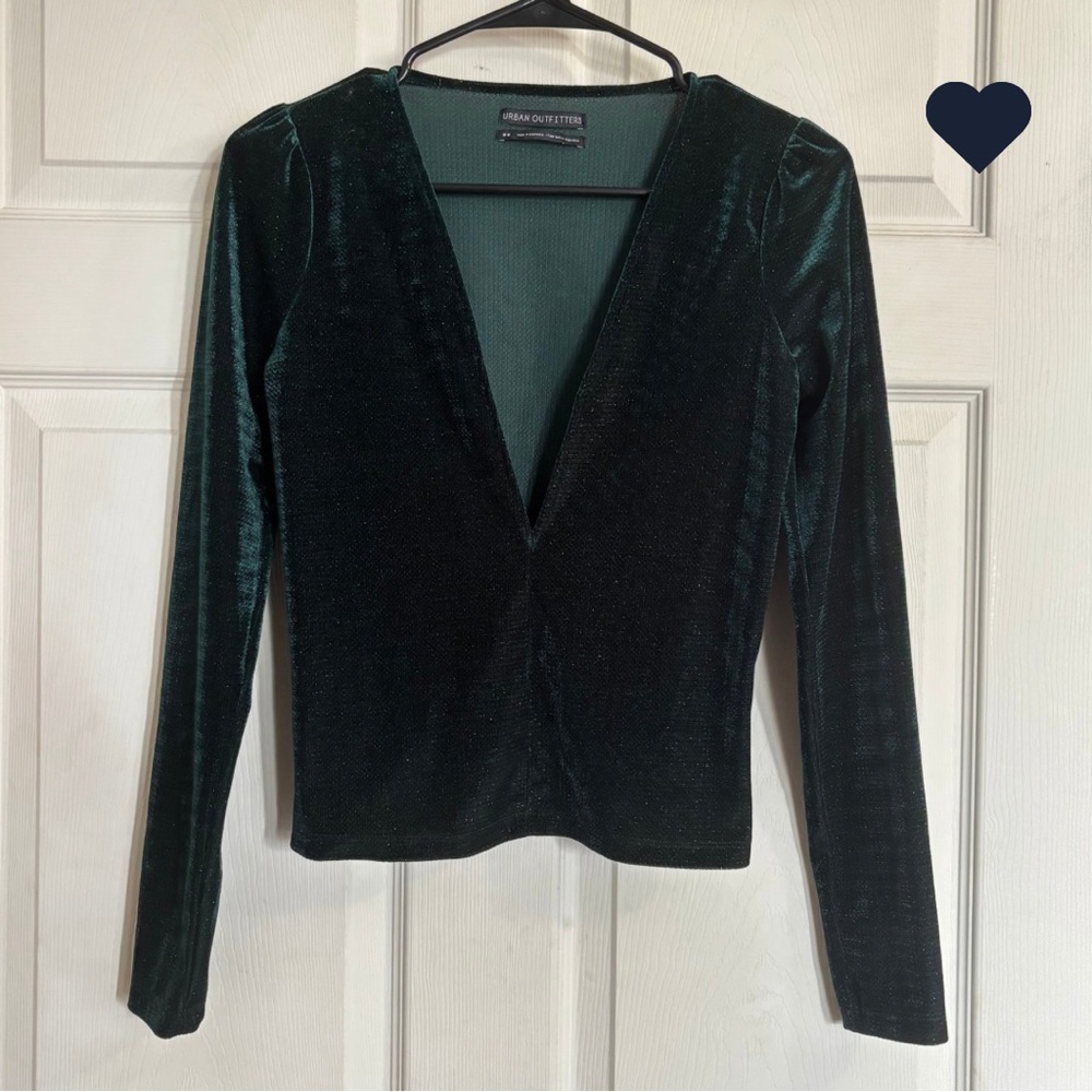 Urban Outfitters Bree Plunging V neck Emerald Velvet Glittery Long Sleeve Top